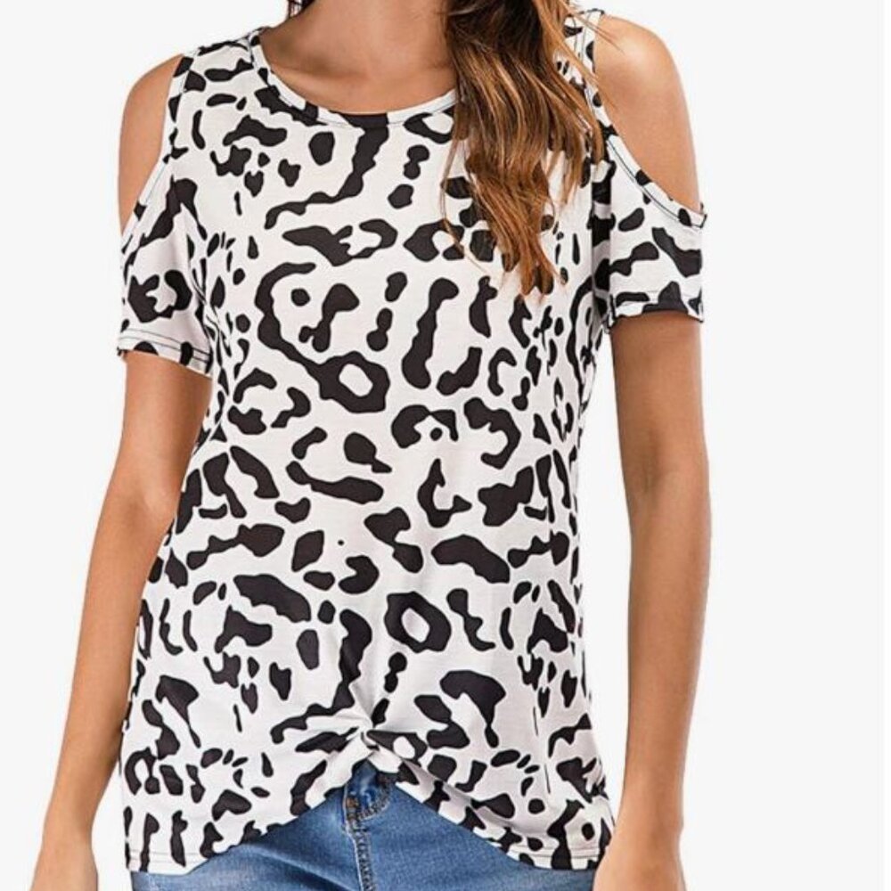 Women's Leopard Print Cold Shoulder Top Medium Black & White